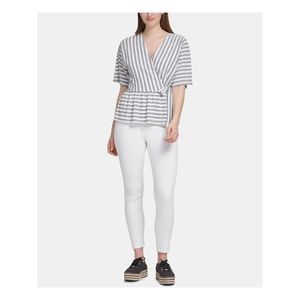 DKNY Womens Gray Striped V Neck Faux Wrap Top L